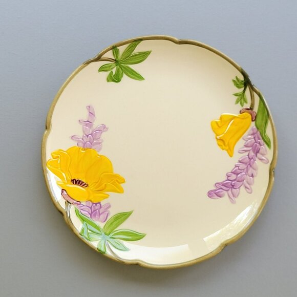 Franciscan Poppy Salad Plate, c.1950-55 USA, Embossed Yellow & Purple Floral - Picture 1 of 12